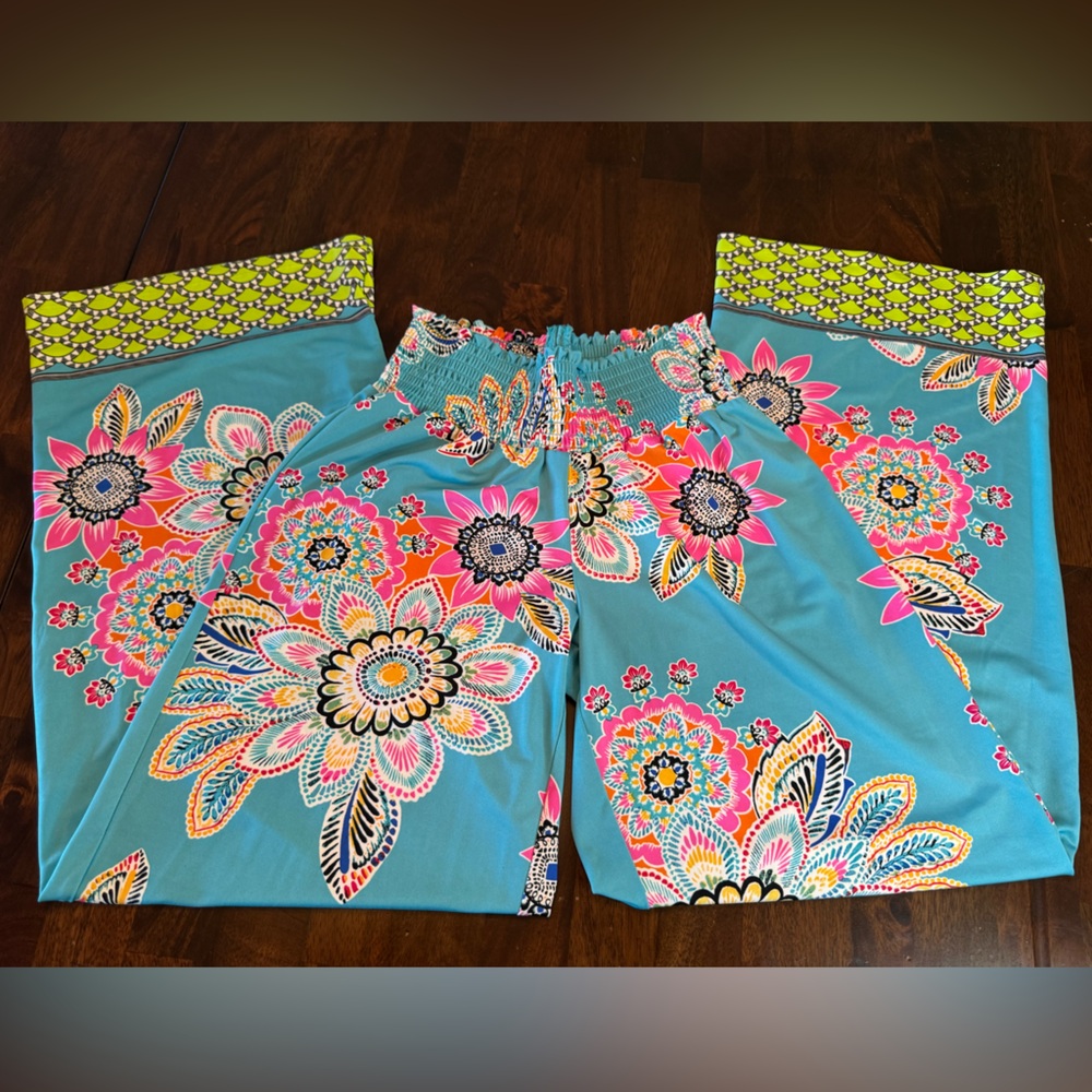 Melissa Paige Turquoise Floral Smocked Waist Wide Leg Palazzo Pants